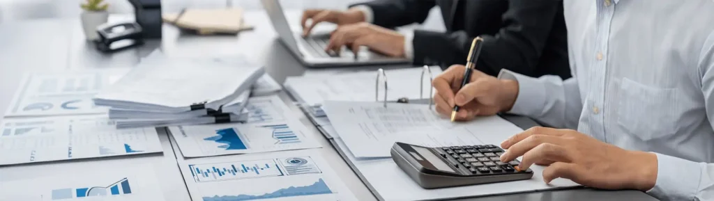 Business professionals analyzing financial reports and using calculator for UAE corporate tax Penalty waiver, tax planning, accounting, compliance, and financial advisory services.